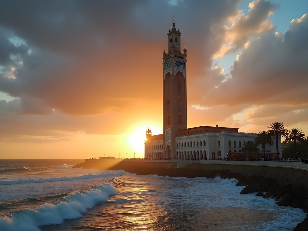 Hassan II Mosque at sunrise with Atlantic waves crashing against its foundation