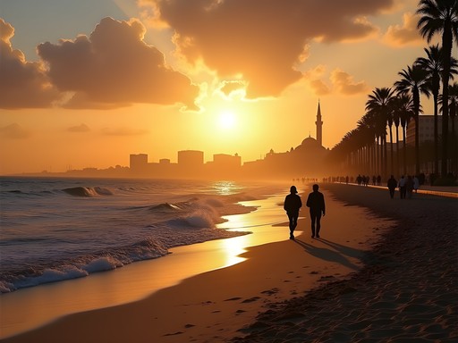 Sunset over the Atlantic Ocean at Ain Diab Beach in Casablanca with silhouettes of palm trees and people walking along the promenade