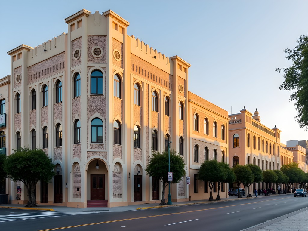 Art Deco architecture in downtown Casablanca with characteristic geometric patterns and pastel colors
