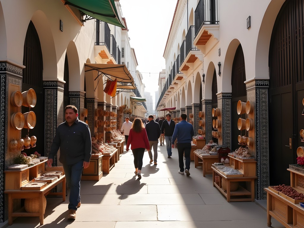 Traditional Moroccan architecture in the Habous Quarter of Casablanca with arched doorways and bustling market stalls