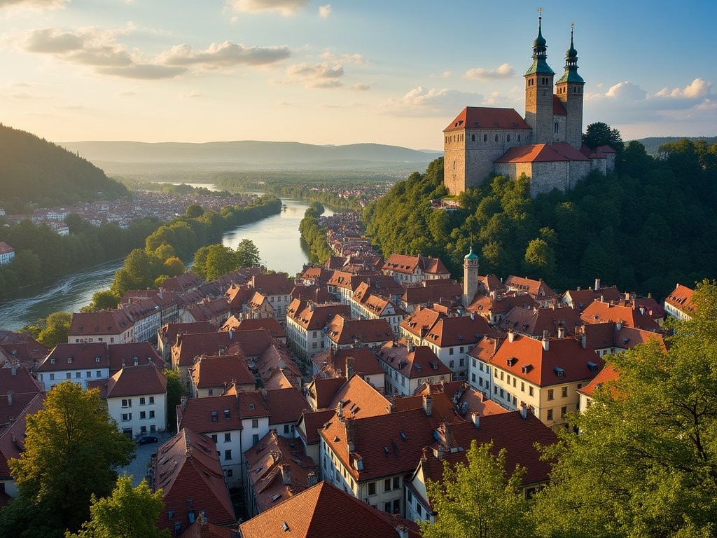 First panoramic view of Cesky Krumlov's red rooftops and castle from hillside approach