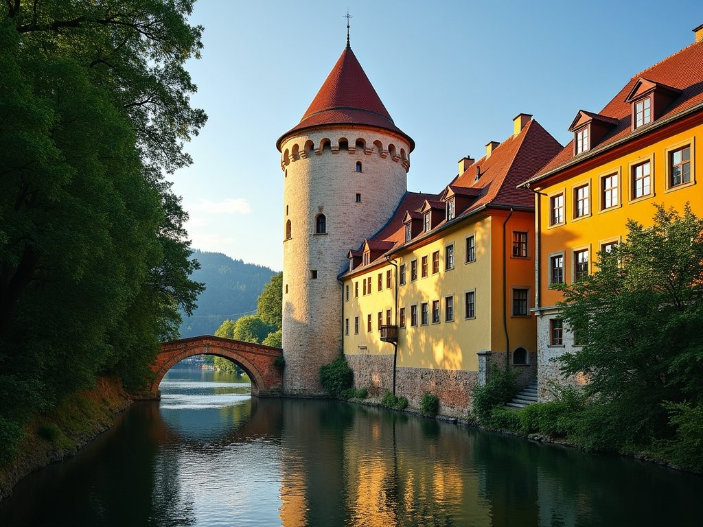 View of Cesky Krumlov Castle and colorful tower overlooking the Vltava River