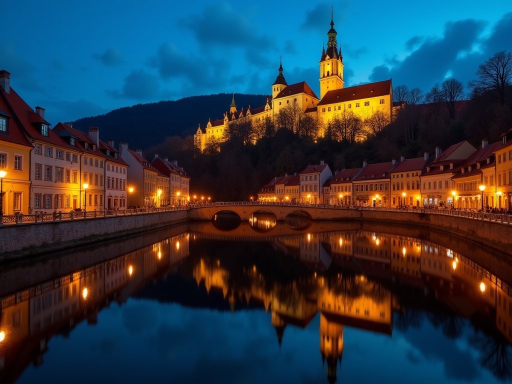 Nighttime view of illuminated Cesky Krumlov buildings reflected in the Vltava River