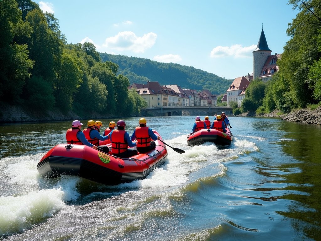 Rafting on the Vltava River through Cesky Krumlov with castle views