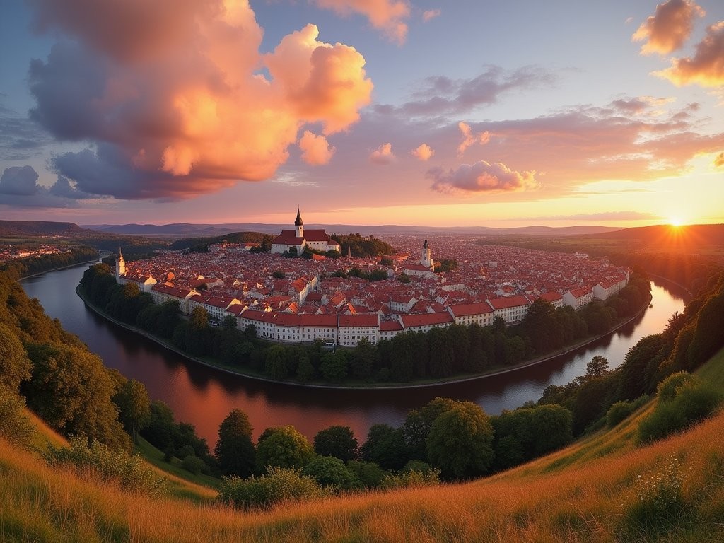 Panoramic sunset view of Cesky Krumlov from Cross Hill viewpoint