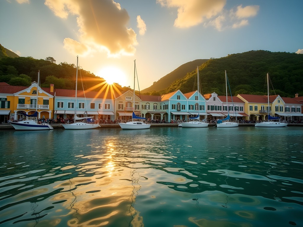 Sunrise over Charlotte Amalie harbor with sailboats and colorful buildings