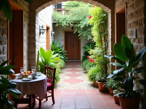 Tropical courtyard of a historic inn in Charlotte Amalie with stone walls and lush vegetation