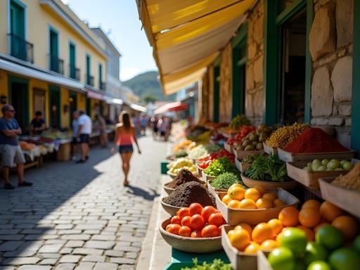 Vibrant morning scene at Charlotte Amalie's historic Market Square with local vendors and colorful produce