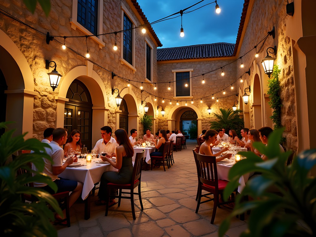 Romantic evening dining in a historic courtyard restaurant in Charlotte Amalie with stone walls and string lights