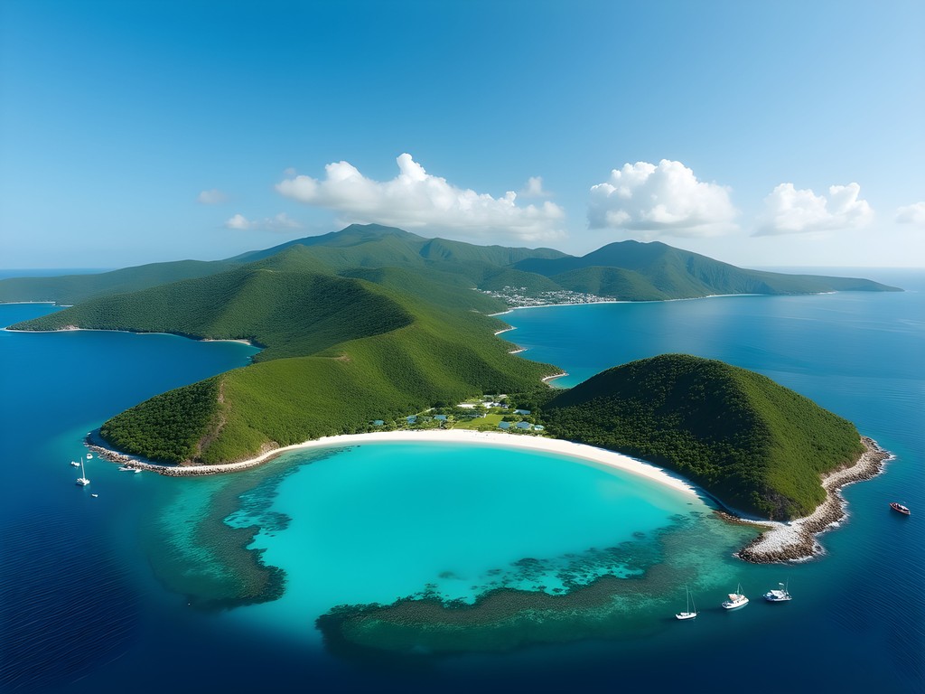 Aerial view of Magens Bay on St. Thomas with turquoise waters and white sand beach