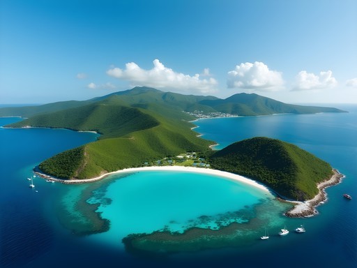 Aerial view of Magens Bay on St. Thomas with turquoise waters and white sand beach
