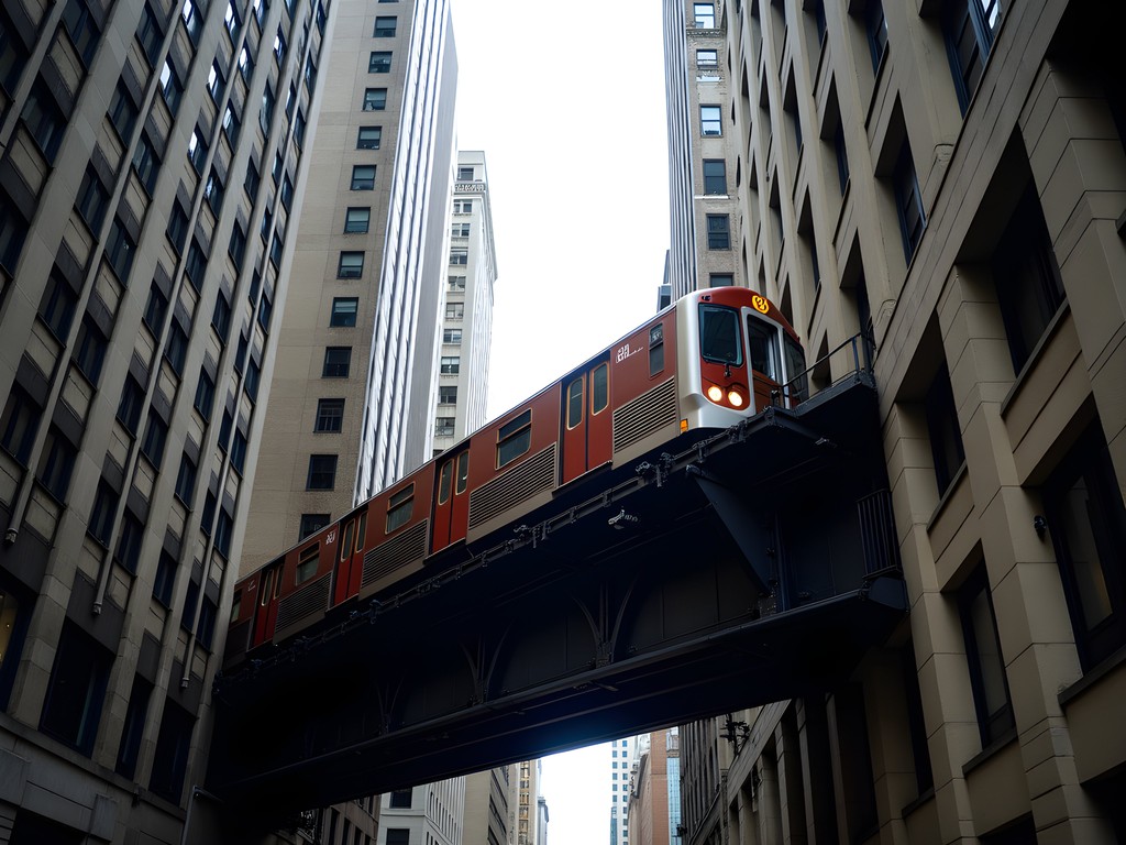 Chicago's iconic elevated 'L' train passing through downtown with urban architecture backdrop