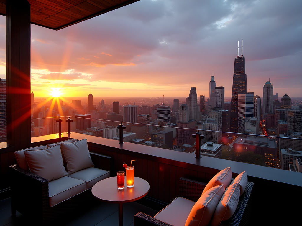 Sunset view from a Chicago hotel rooftop bar overlooking the illuminated city skyline