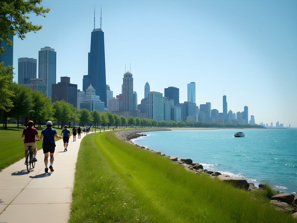 Chicago's Lakefront Trail with cyclists and joggers enjoying views of the city skyline
