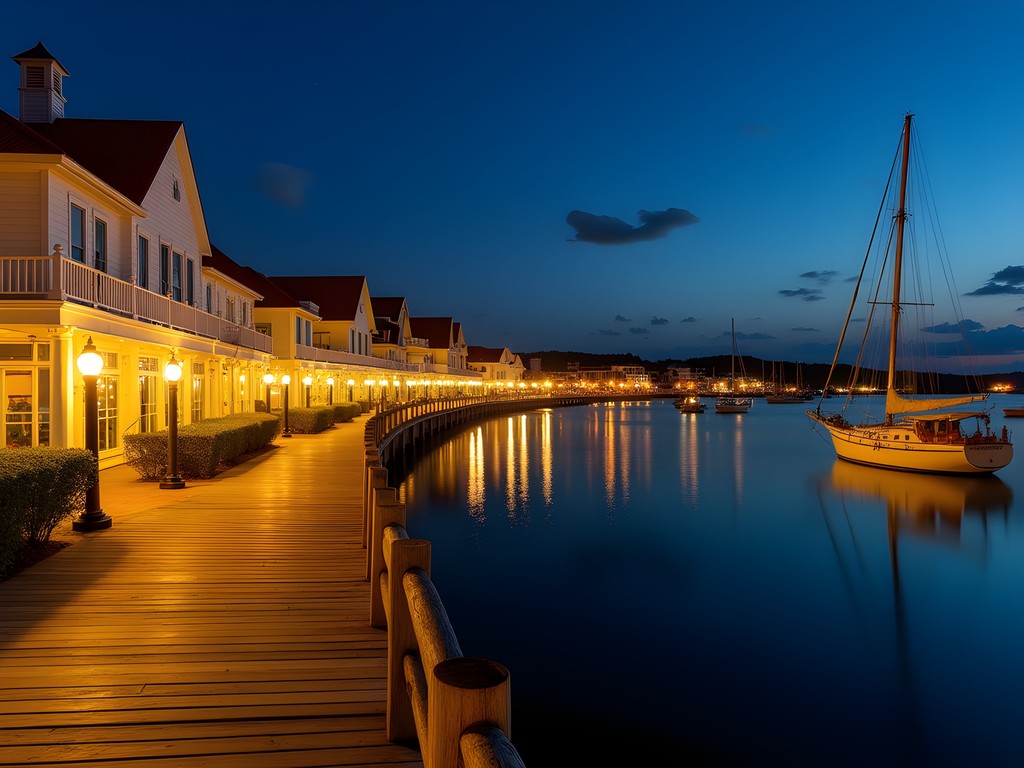 Christiansted boardwalk at night with illuminated historic buildings and boats in the harbor