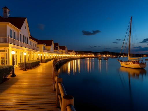 Christiansted boardwalk at night with illuminated historic buildings and boats in the harbor