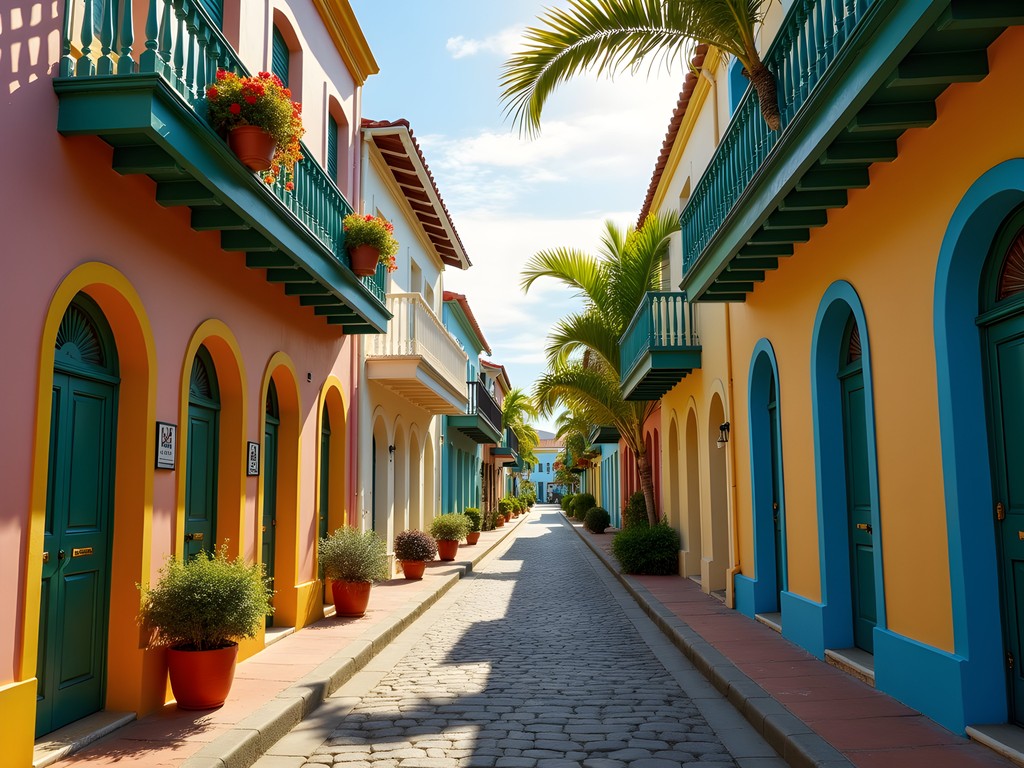Colorful Danish colonial buildings along a narrow street in Christiansted with tropical flowers