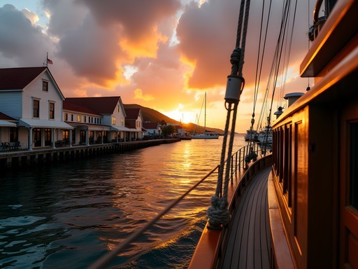 Sunset sail in Christiansted harbor with colorful sky and historic waterfront buildings