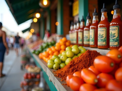 Colorful local market in Christiansted with tropical fruits, spices, and handcrafts