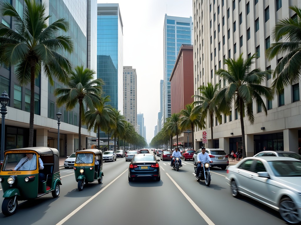 Business district of Colombo showing modern transport options and office buildings