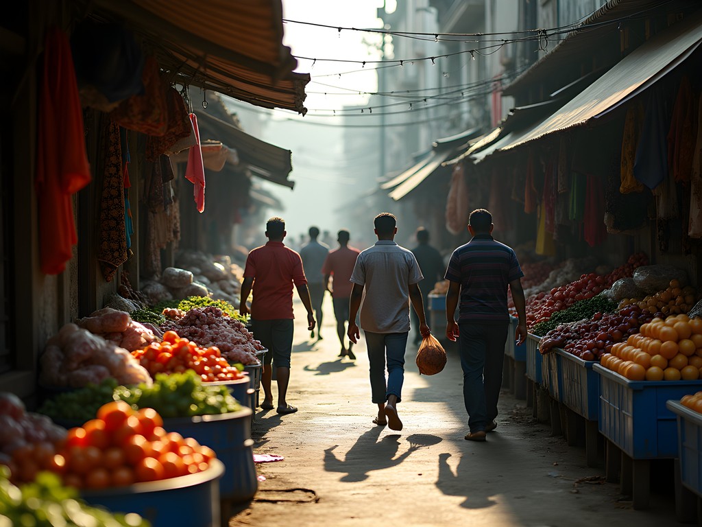 Bustling morning activity at Pettah Market in Colombo with vendors and goods