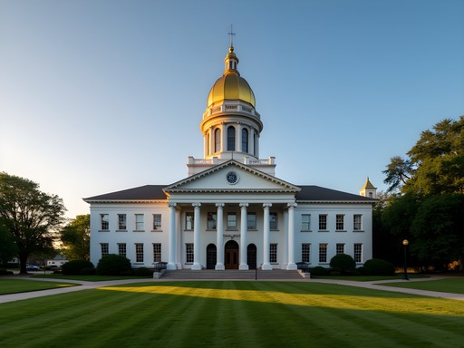 New Hampshire State House at sunset with golden light on white facade