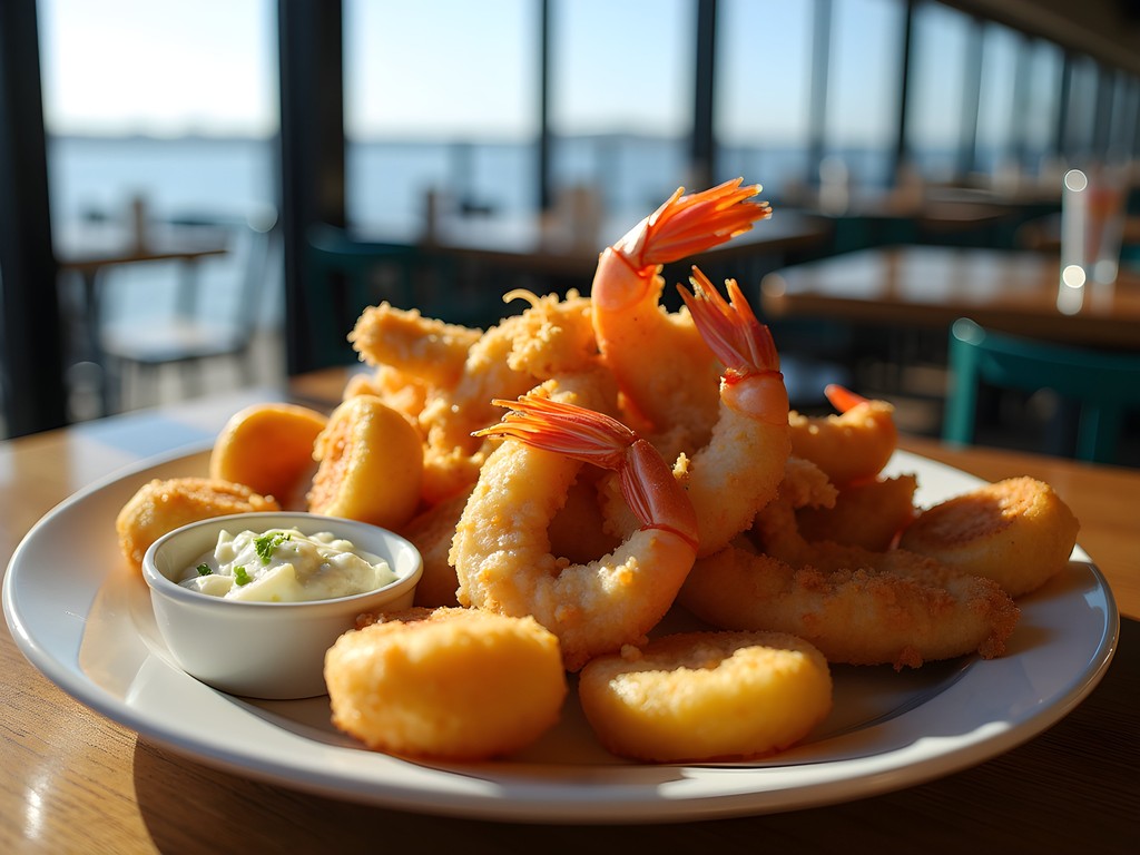 Fresh Gulf seafood platter at a waterfront restaurant in Corpus Christi