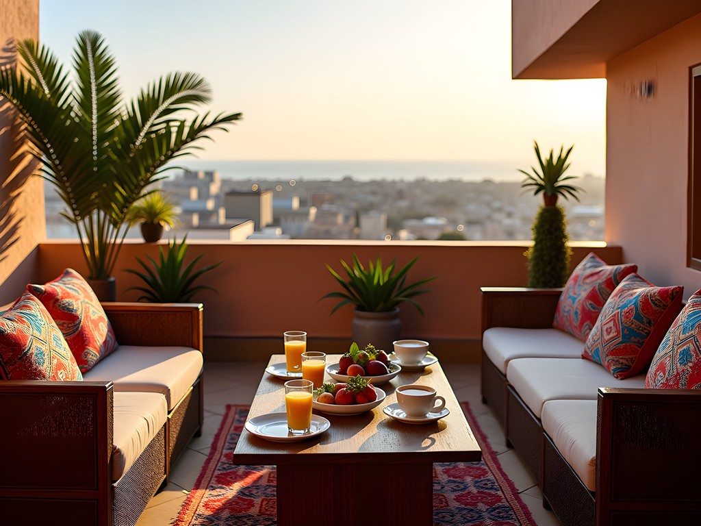 Rooftop terrace of a boutique hotel in Dakar with traditional textiles and panoramic city views