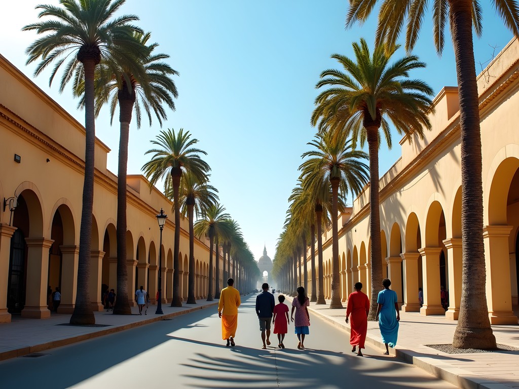 Colonial architecture in Dakar's Plateau district with palm trees and modern African life