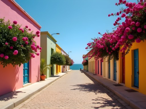 Colorful colonial buildings on Île de Gorée with view of ocean and mainland Dakar