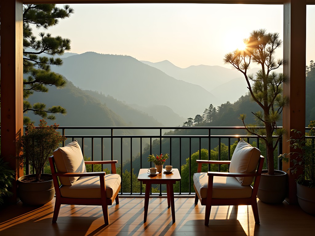 Morning view from a boutique guesthouse terrace in Dalat overlooking misty valleys