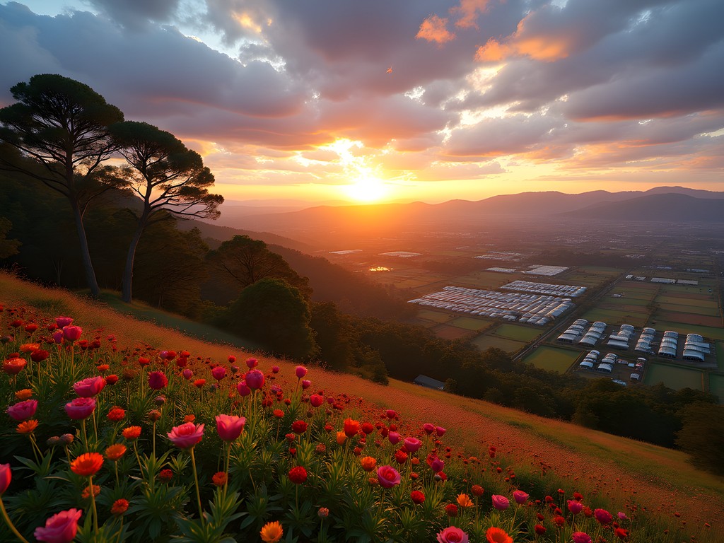 Panoramic sunset view from Robin Hill overlooking Dalat's valley of flowers