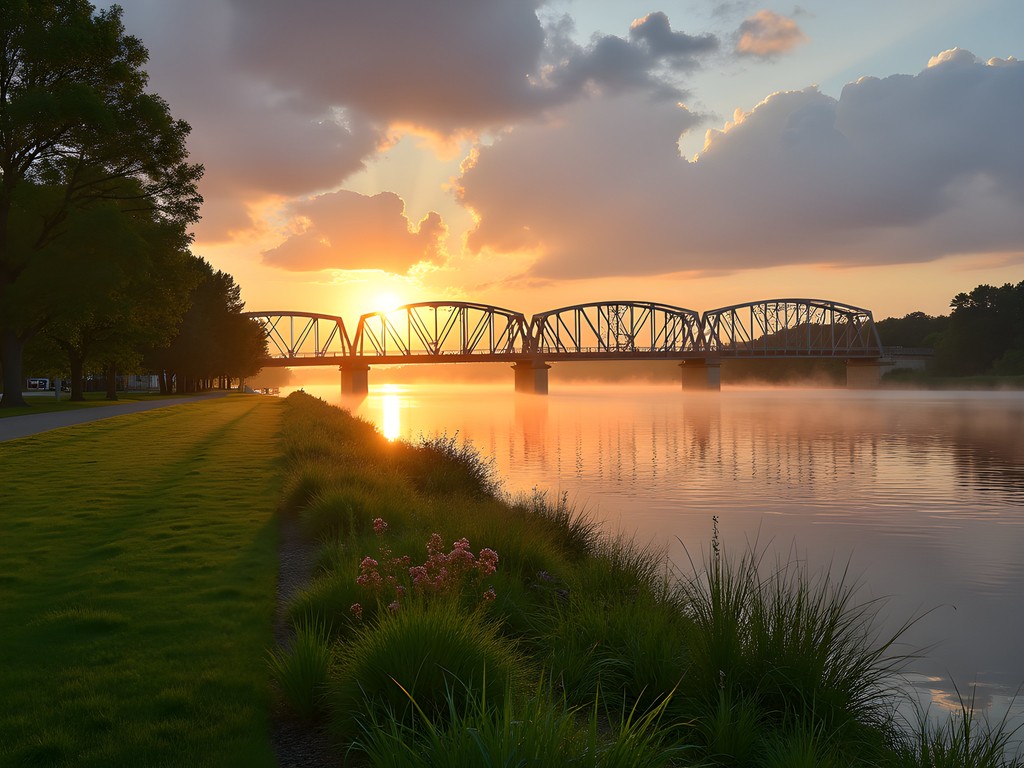Sunrise view of Mississippi River from Davenport River Walk with Centennial Bridge in background