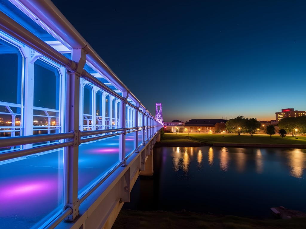 Illuminated Davenport Skybridge at night with colorful LED lights reflecting on Mississippi River