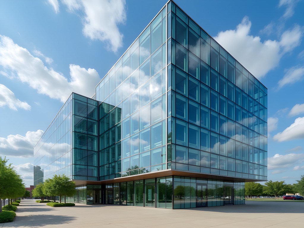 Modern glass exterior of Figge Art Museum in downtown Davenport reflecting clouds and sky
