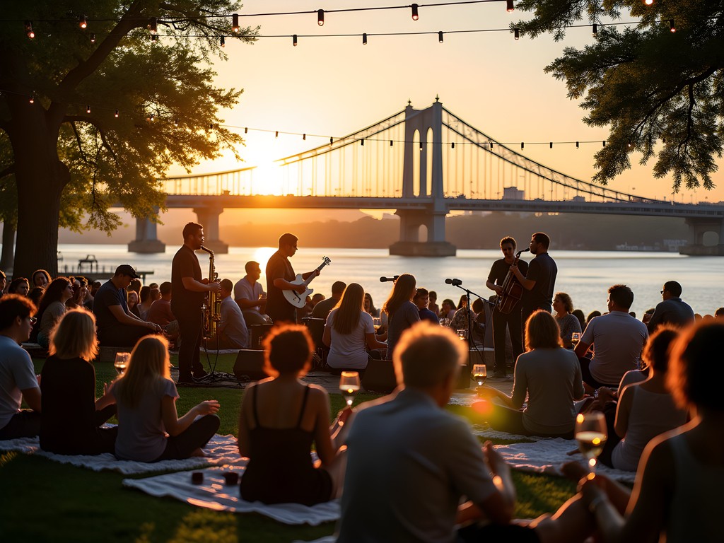 Evening jazz concert at LeClaire Park with Mississippi River and Centennial Bridge in background