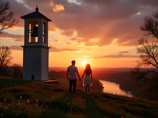 Couple watching sunset at Carillon Historical Park in Dayton Ohio with bell tower silhouette
