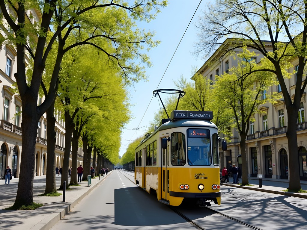 Debrecen's yellow tram on a tree-lined avenue