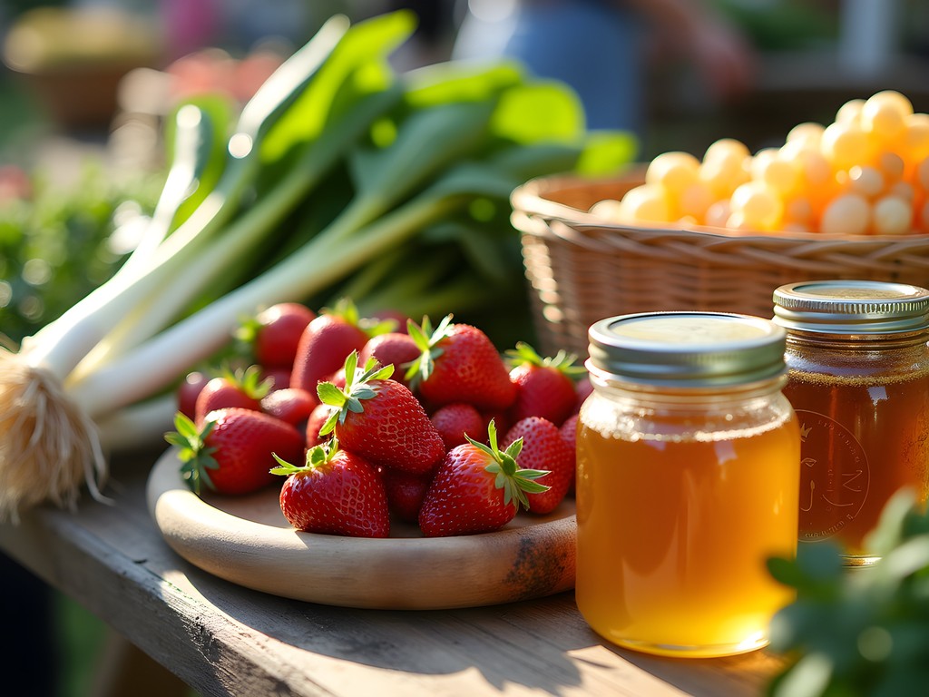 Colorful spring produce and local honey at River City Farmers Market in Decatur