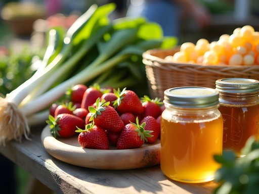 Colorful spring produce and local honey at River City Farmers Market in Decatur