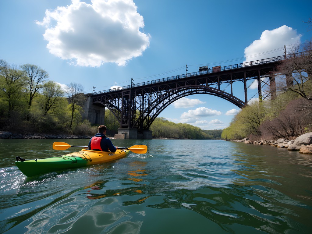 Kayaking on the Tennessee River with Decatur's historic railroad bridge in background