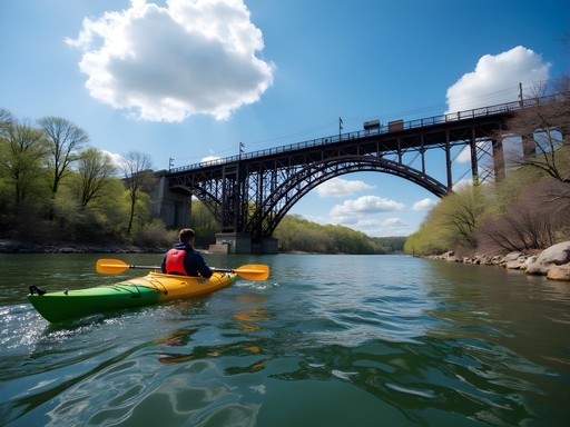 Kayaking on the Tennessee River with Decatur's historic railroad bridge in background