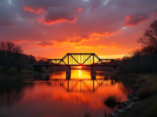 Sunset over Tennessee River with Decatur's historic railroad bridge silhouetted against orange sky