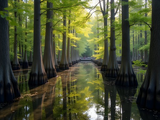 Cypress trees with knees emerging from still waters at Wheeler Wildlife Refuge near Decatur