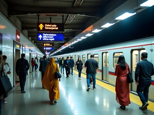 Modern Delhi Metro station with diverse commuters and clear signage