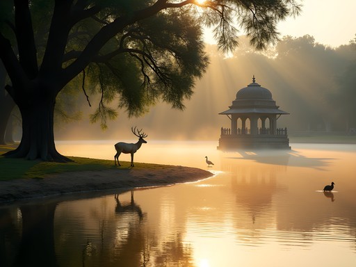 Early morning scene at Hauz Khas Deer Park with historic monuments and urban wildlife
