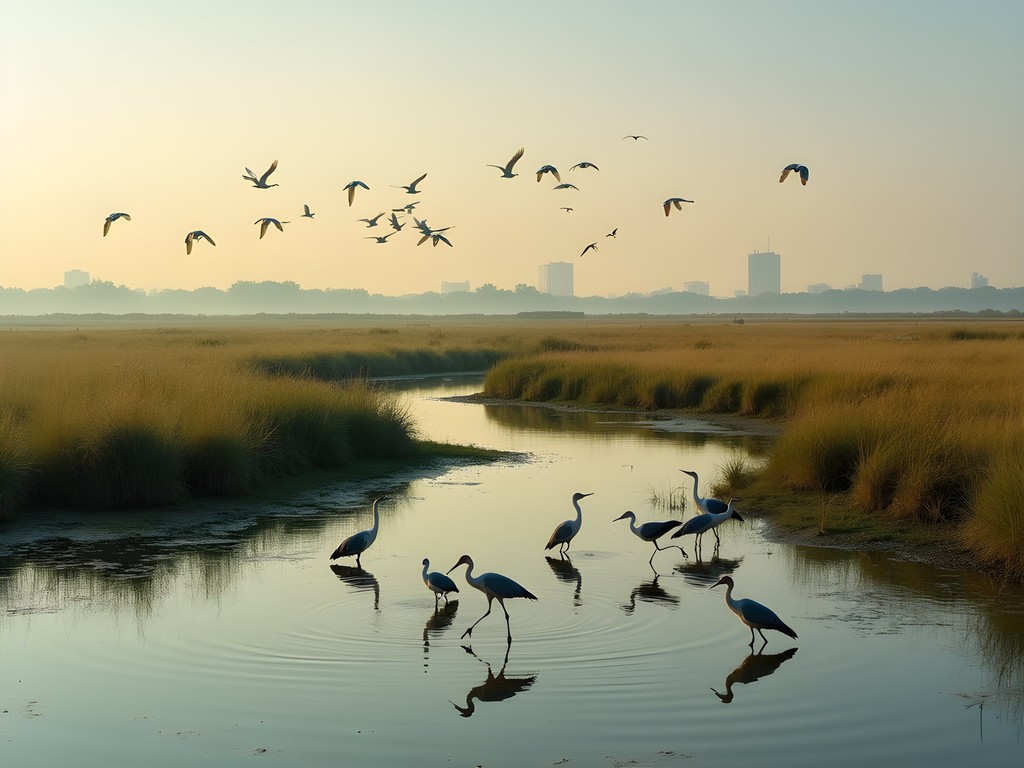 Restored wetland ecosystem at Yamuna Biodiversity Park with native birds and flora