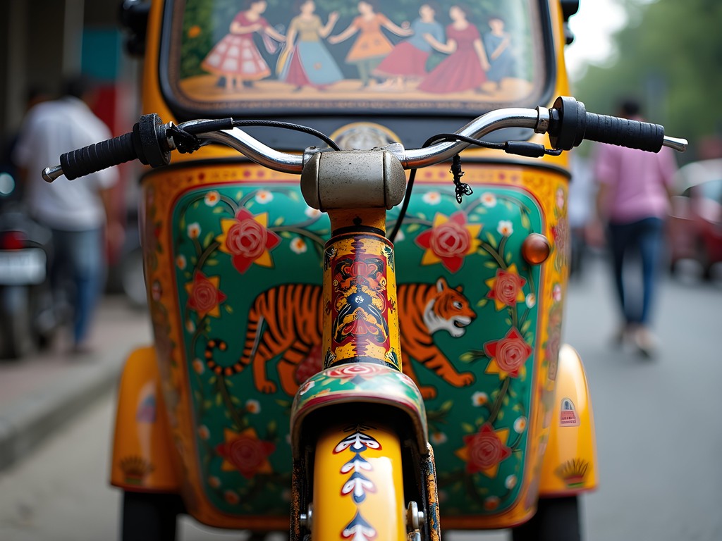 Vibrantly painted cycle rickshaw showcasing traditional Bangladeshi folk art in Dhaka streets