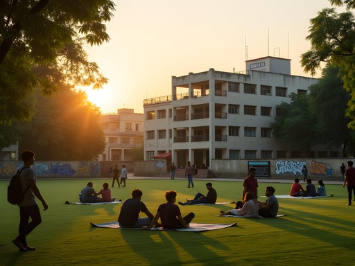 Students relaxing on Dhaka University campus during golden hour with Faculty of Fine Arts building in background