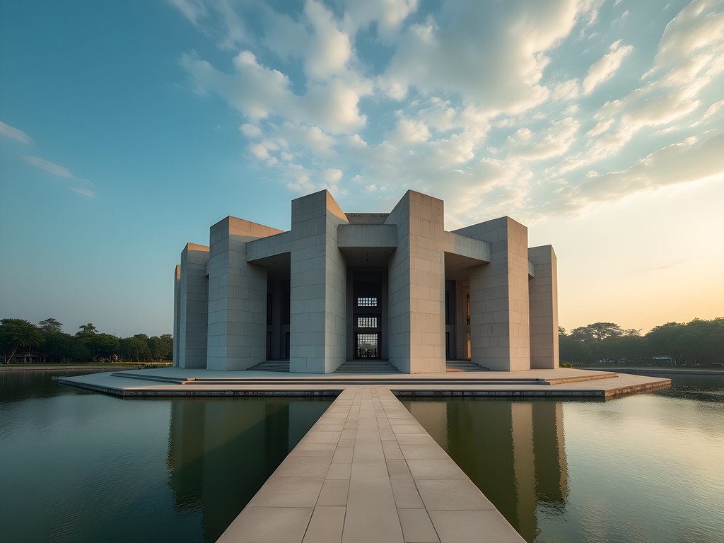 Louis Kahn's modernist National Parliament House in Dhaka reflected in surrounding water bodies